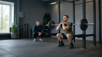 Zercher squat med stang i albuebøjningen for ben og core