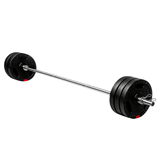 170 cm vægtstang med fjederluk og 60 kg vægtskiver med grebshuller