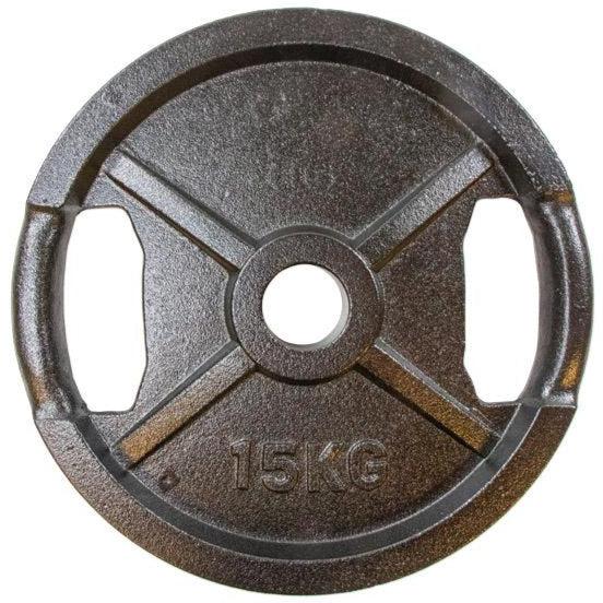 Sort metalskive på 15 kg med greb og 50 mm hul til olympisk stang