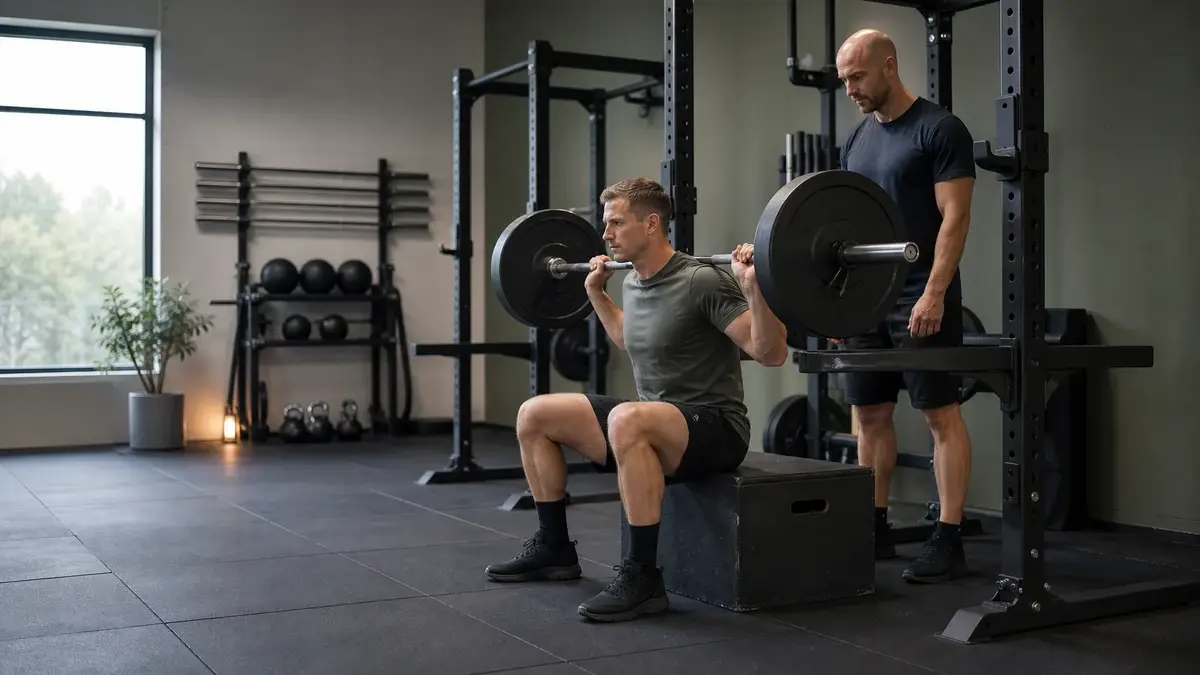 Box squat til boks for kontrolleret dybde og posterior kæde