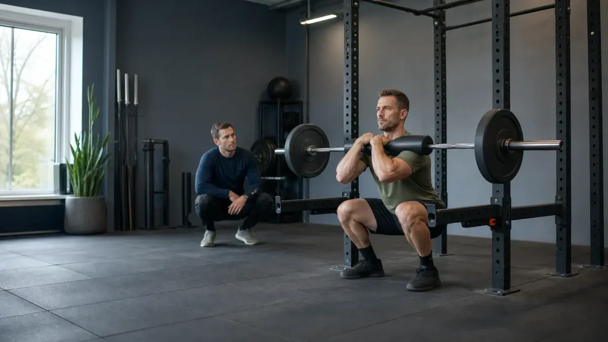 Zercher squat med stang i albuebøjningen for ben og core