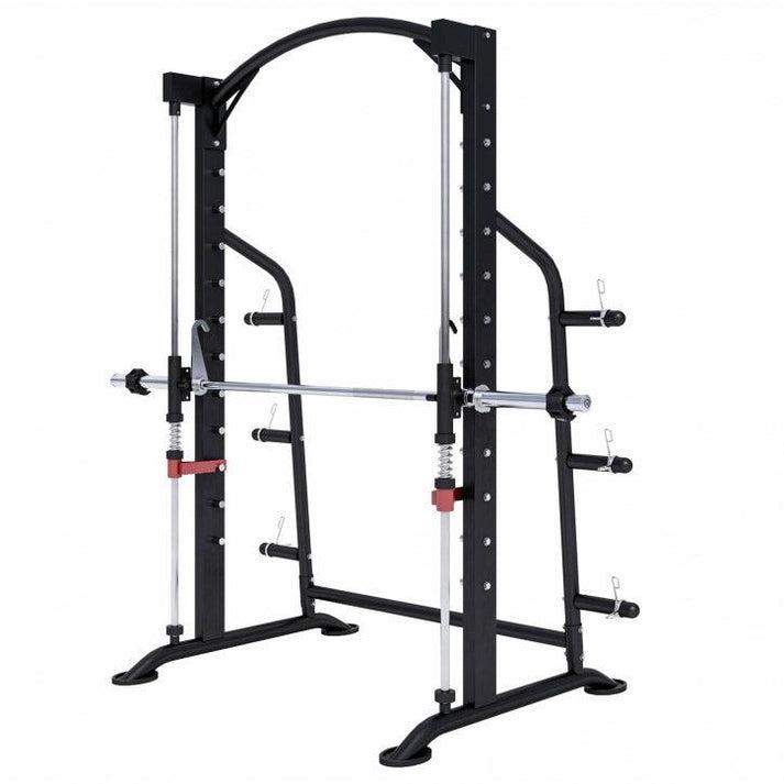 Smith-maskine og power rack kombination med guidet stang og fritstående bane