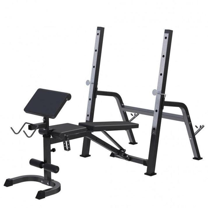Kombination af træningsbænk, curl pult og squat rack til hjemmegym