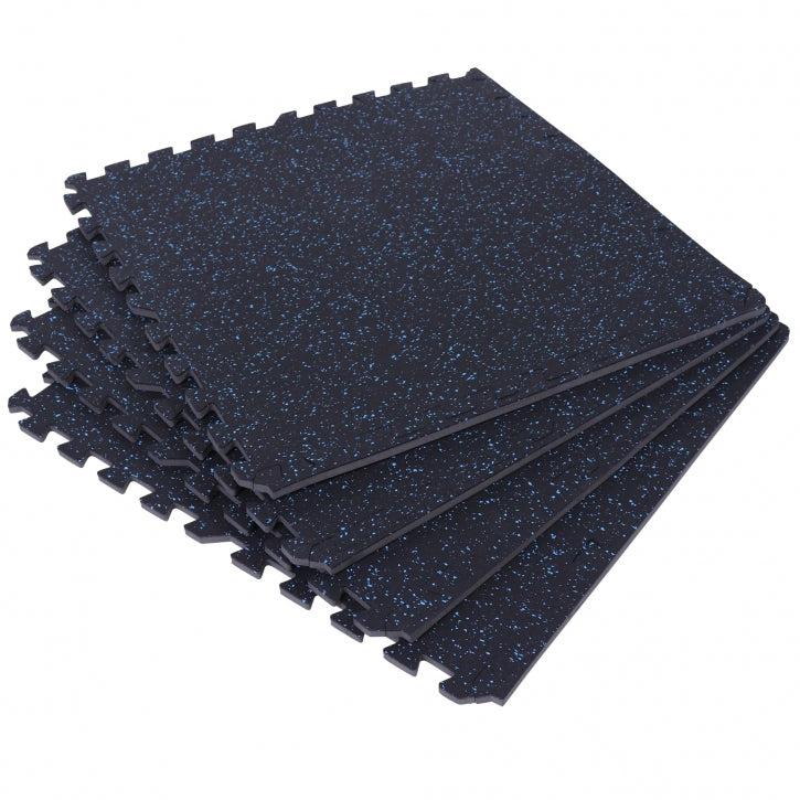 Fitnessgulv i sort og blåt gummi 1 cm tykt til hjemmegym med tunge løft