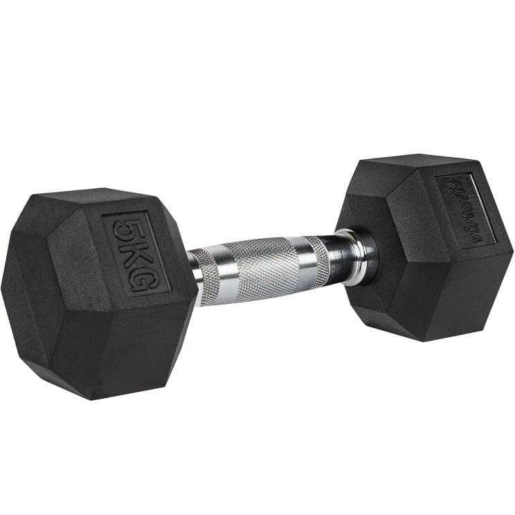 VirtuFit håndvægt med sorte sekskantede hoveder mærket 5 KG og metalgreb