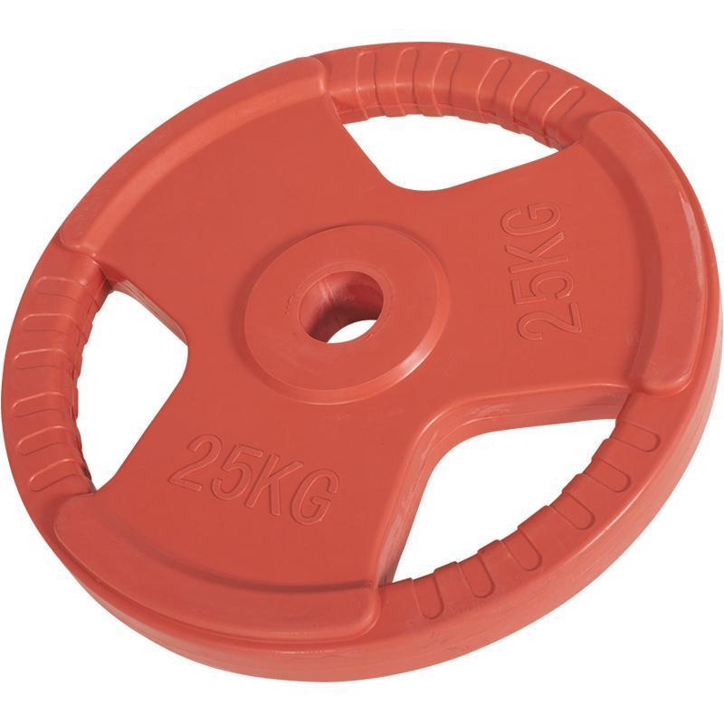 Gummibeklædt 50 mm vægtskive på 25 kg med håndgreb til olympisk stang