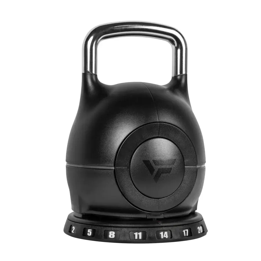 VirtuFit justerbar kettlebell på drejeplatform med vægtvisning fra 2 til 20 kg
