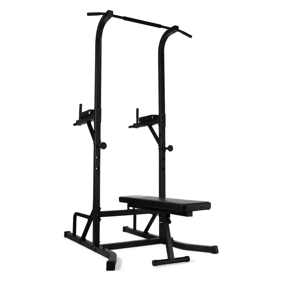 VirtuFit Power Tower Deluxe med pull-up stang, dipgreb og udfoldelig træningsbænk